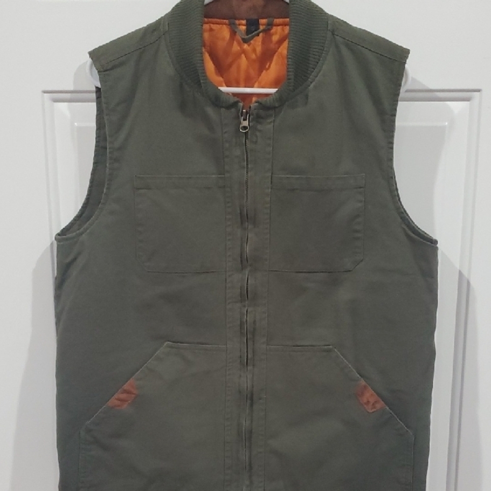 Men's Olive Green Canvas Utility Vest Quilted Inside SMALL - Picture 1 of 9